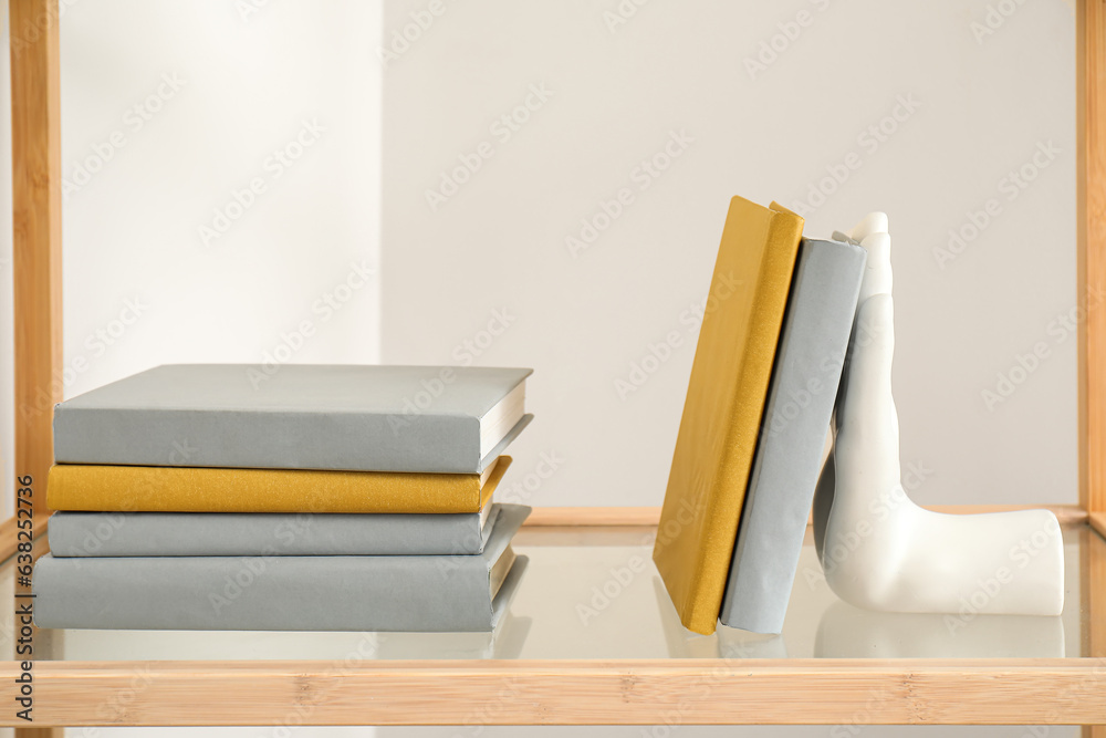 Stylish holder for books on shelving unit