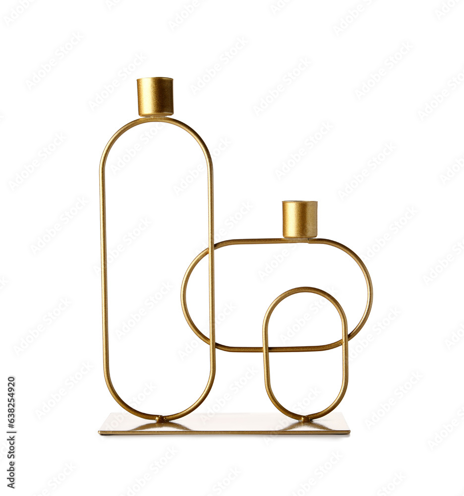 Stylish golden candlestick on white background