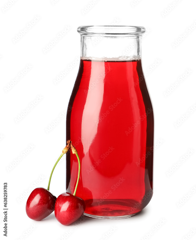 Open bottle of sweet cherry liqueur with fresh berries on white background