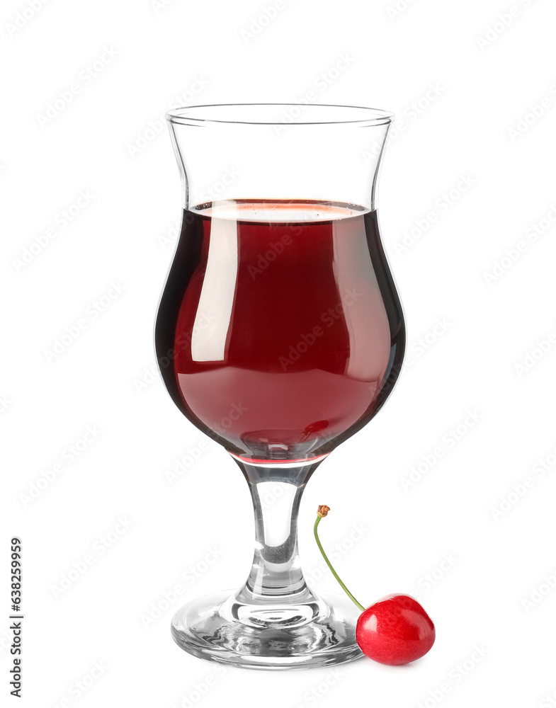 Glass of sweet cherry liqueur with berry on white background