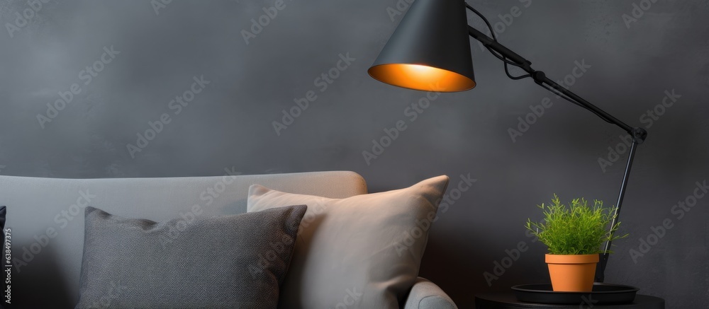 Comfortable bed with a black reading lamp and dark gray pillow