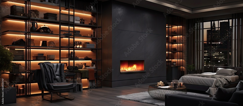 Contemporary man s apartment with stylish decor illuminated walls fireplace and spacious window