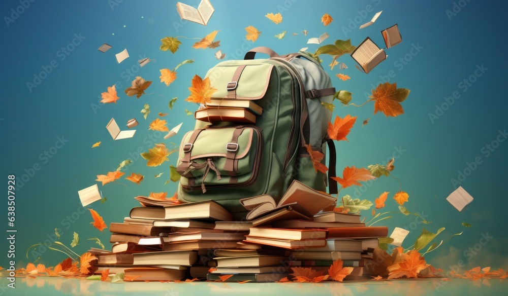 Books with backpack over the sky and some falling leaves