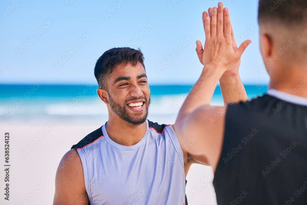 Happy man, high five and teamwork in fitness on beach for workout success, training or outdoor exerc