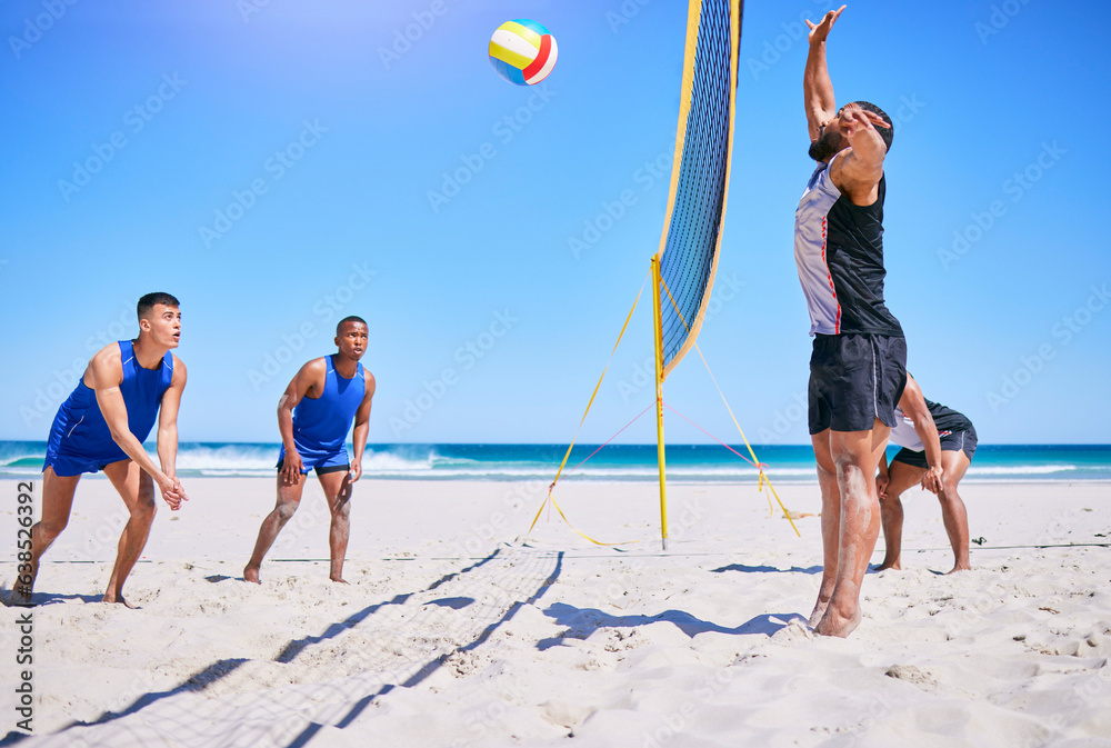 Blue sky beach, volleyball and sports people playing competition, outdoor match or practice for grou