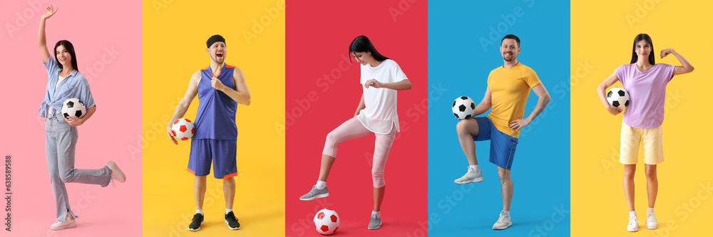 Set of people with soccer balls on colorful background