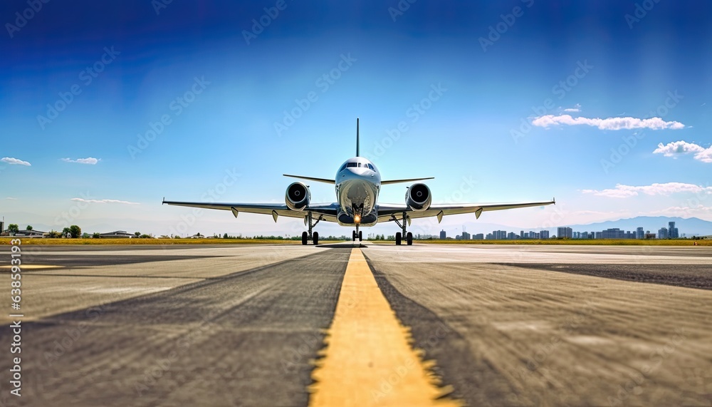 Jet plane on the blue sky background of a taxiway. Front view from eye to eye.