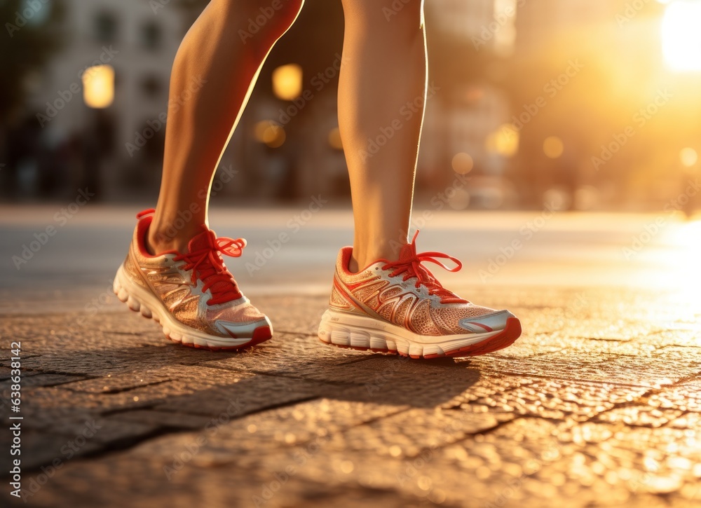 Woman walking on pavement with running shoes