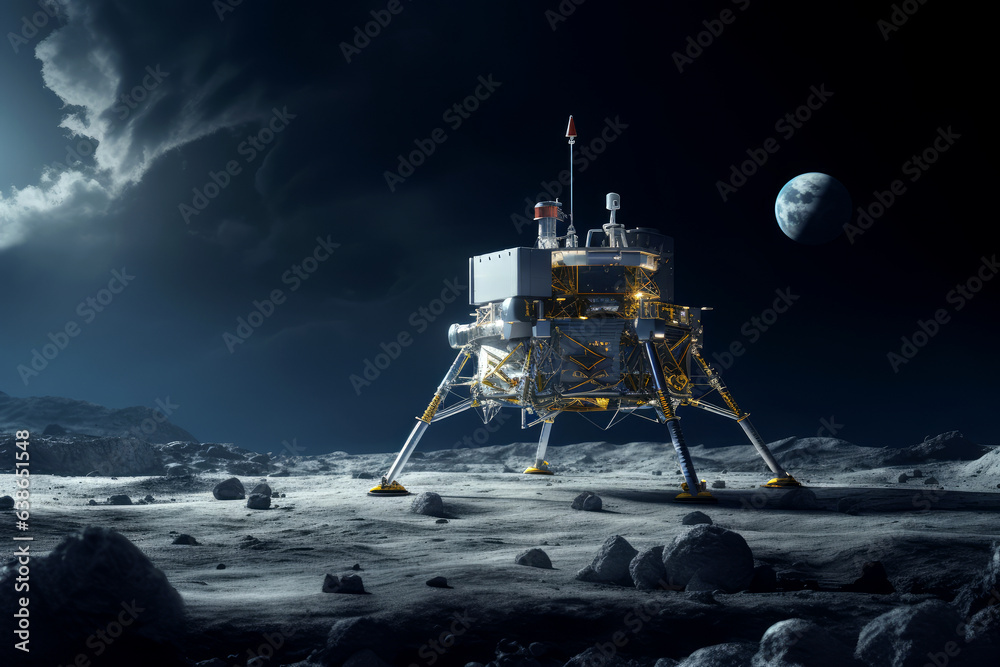 Lunar spacecraft lander module sitting on the Moons south pole. Lunar Exploration Program. Outer sp