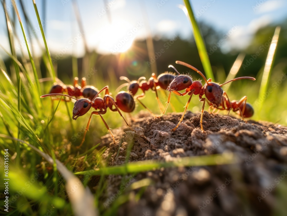 A group of ants walking on top of a pile of dirt. Generative AI.