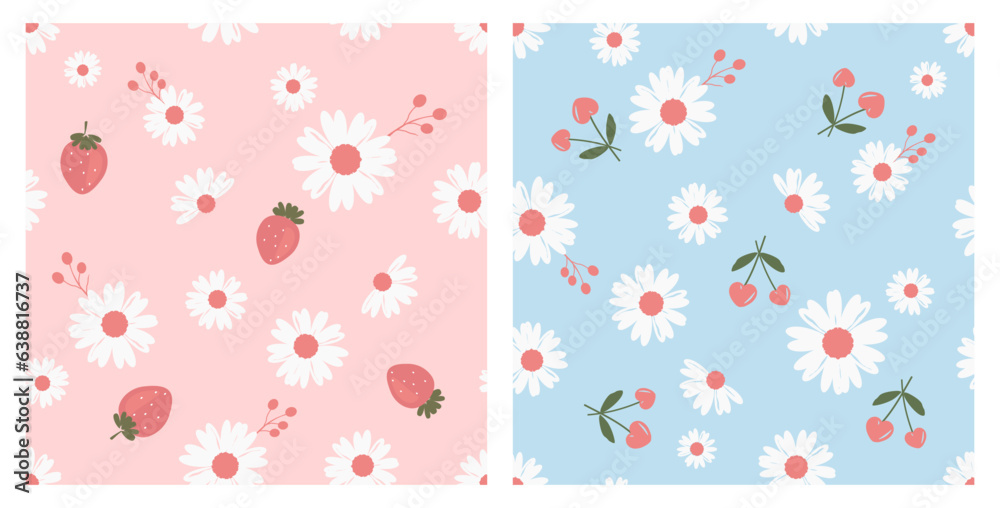 Seamless pattern with flowers, strawberry, cherry fruit on pink and blue background vector illustrat