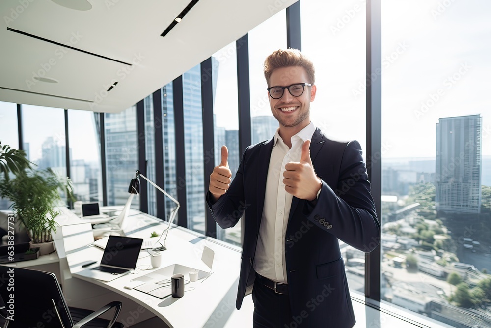 Cheerful young businessman showing thumbs up while standing in the office