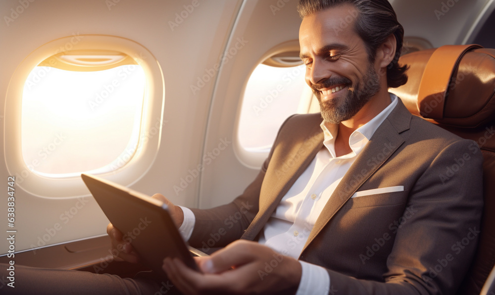 Smiling happy businessman flying and working in an airplane in first class, Man  sitting inside an a