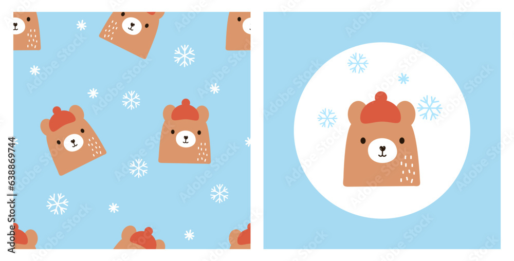 Christmas seamless pattern with cute bear cartoon and snowflakes on blue background vector illustrat