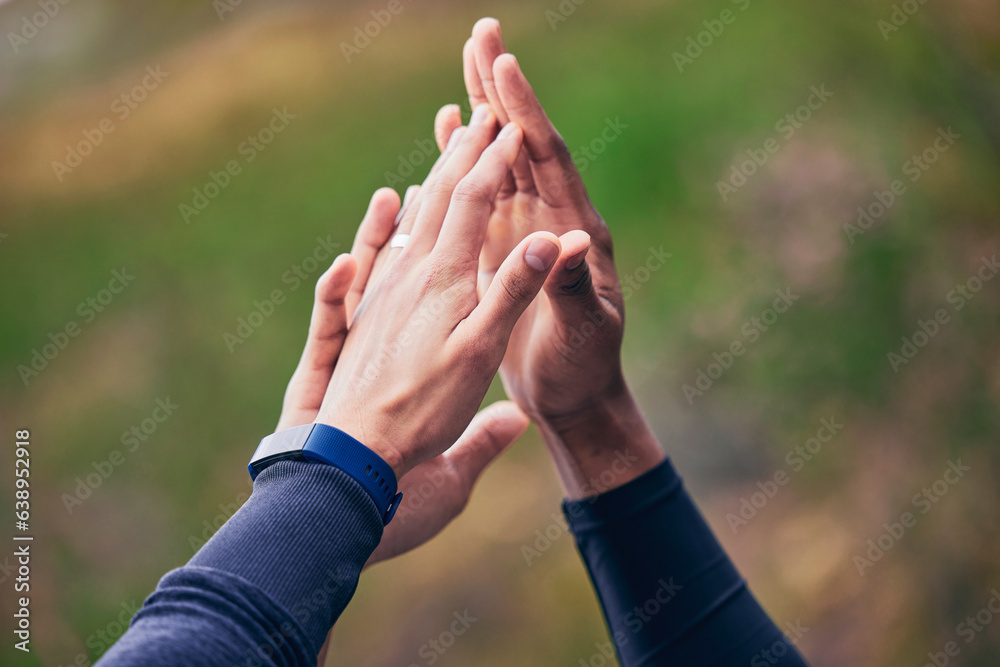 People, hands and high five for fitness, workout or exercise success, support or goals with teamwork