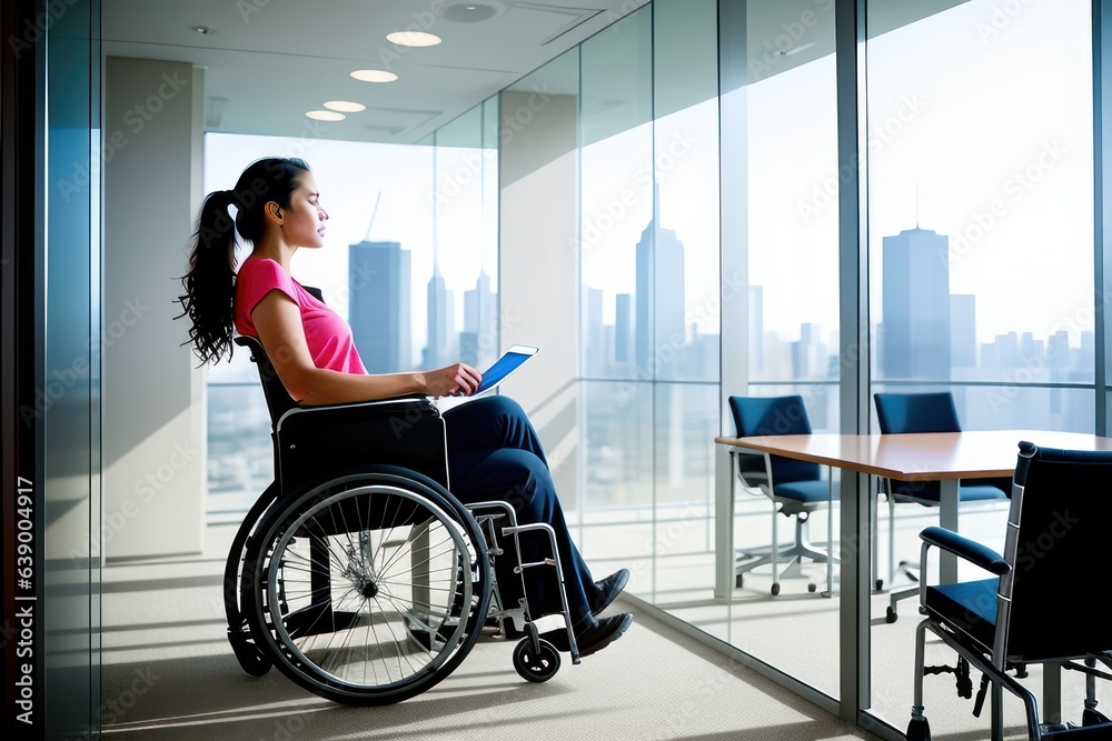 Disabled businesswoman with documents in conference room looking at wide large window in business sk
