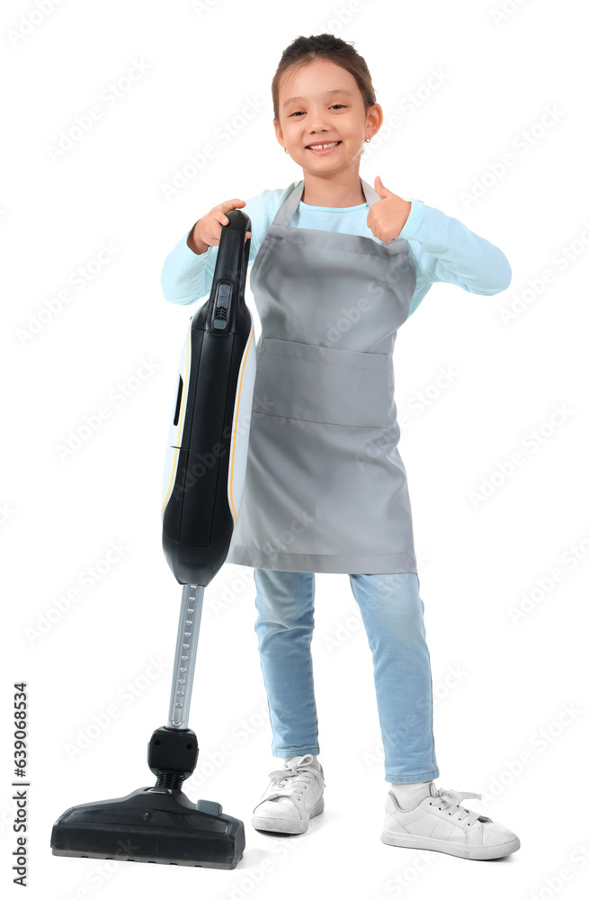 Cute little janitor with vacuum cleaner showing thumb-up on white background