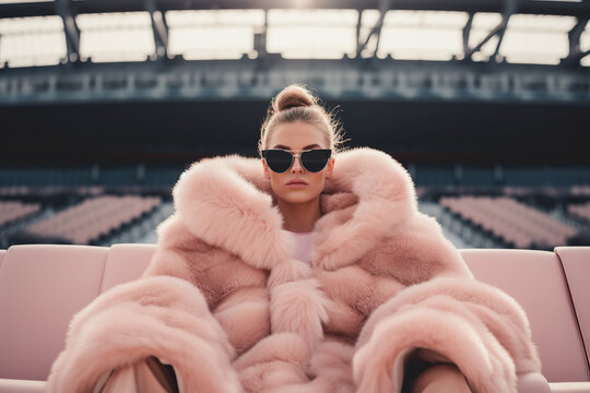 A luxurious woman stands confidently in a stadium, adorned in a fashionable fur coat and stylish sunglasses, embodying the power of fashion and the strength of the modern woman