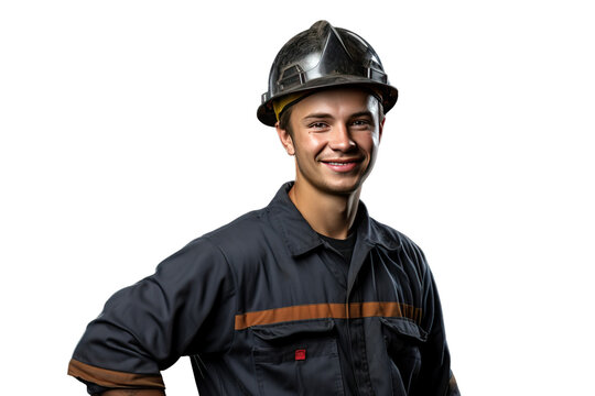 Young Labor Worker in Work Uniform and Safety Hard Hat - Depicting the Concept of Workforce with a Strong Emphasis on Safety and Industrial Preparedness - Isolated Transparent Background
