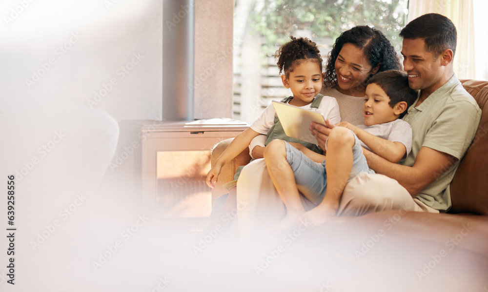 Family, children and tablet on sofa in e learning, video streaming and school or online education wi