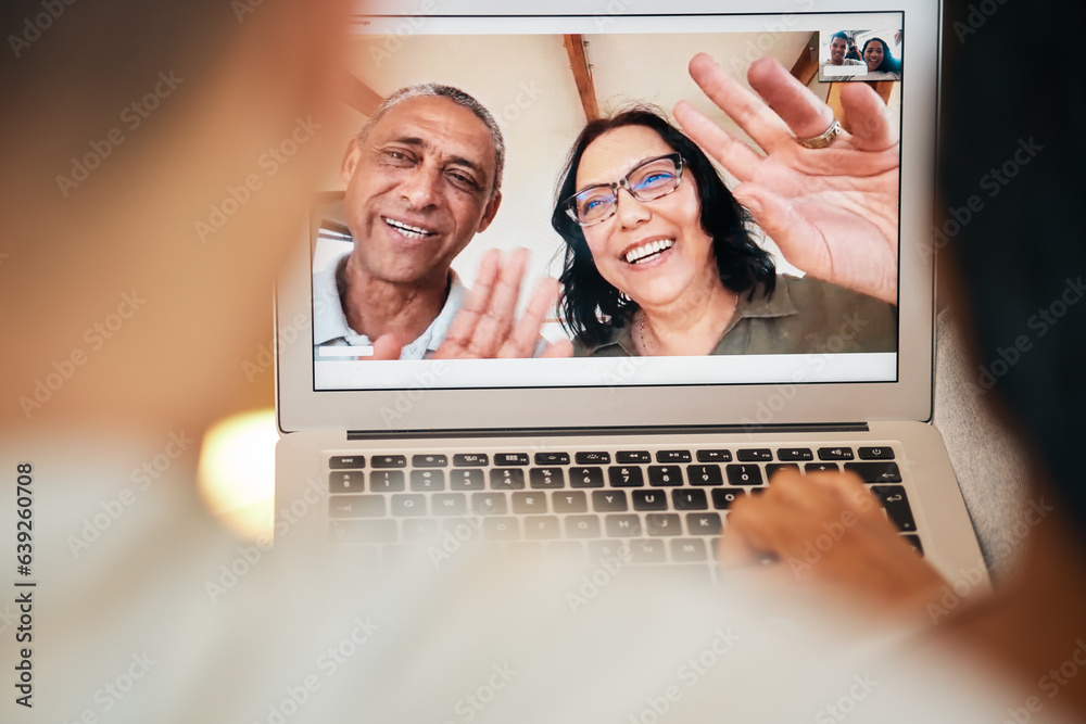 Video call, laptop screen and wave with face of family for communication, contact or connection. Hap