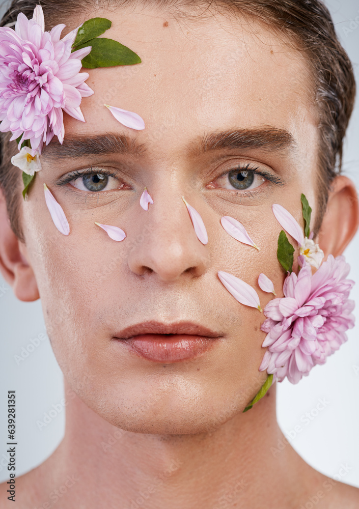 Spring, skincare and flowers with portrait of man in studio for beauty, natural cosmetics and creati