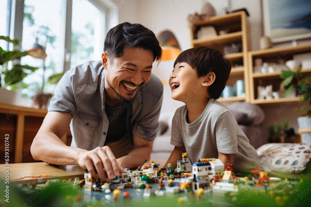 Dad and son smiling while playing small bricks at home - Generative AI