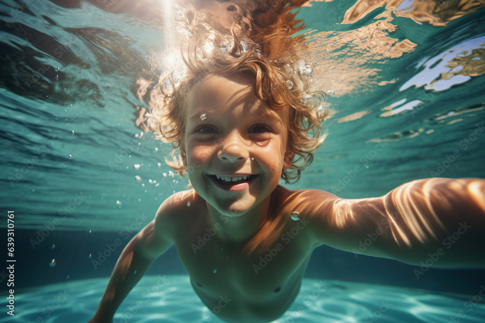 Happy little boy taking selfie in swimming pool - Generative AI