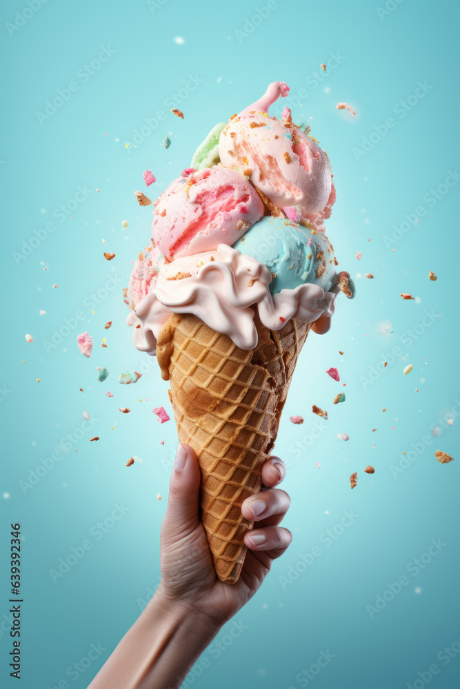 Hand holding big ice-cream in waffles cone on blue background