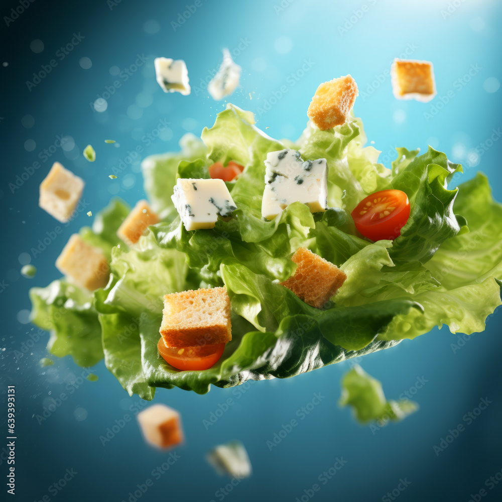 Levitation or flying of vegetarian green salad