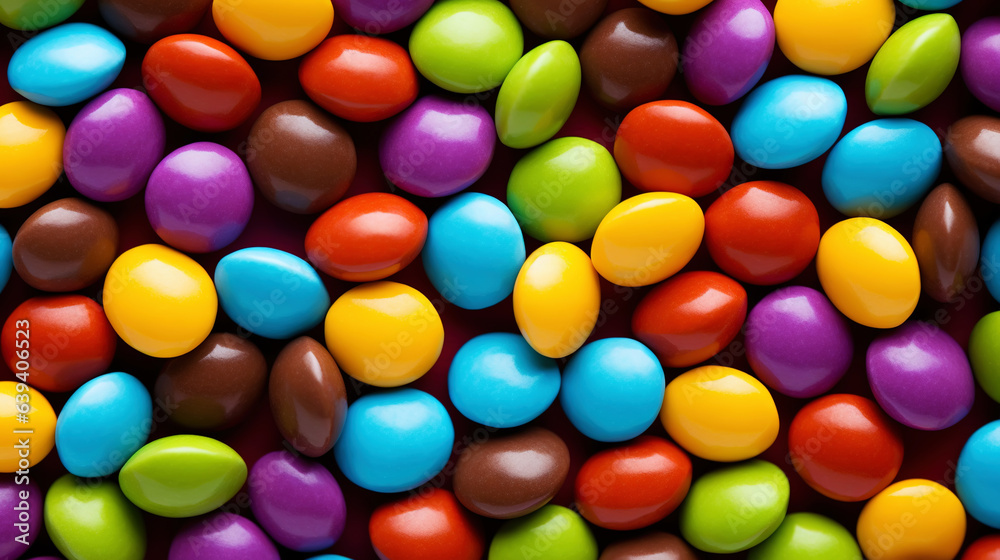 Close up of a pile of colorful chocolate coated candies. Candy background. Generative AI