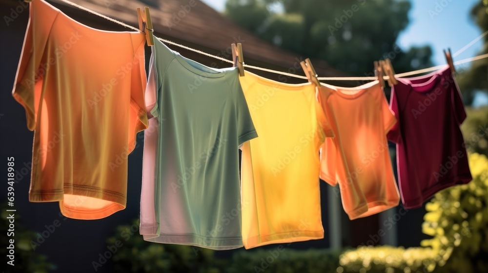 Childrens colorful clothing dries on a clothesline in the yard outside in the sunlight after being 