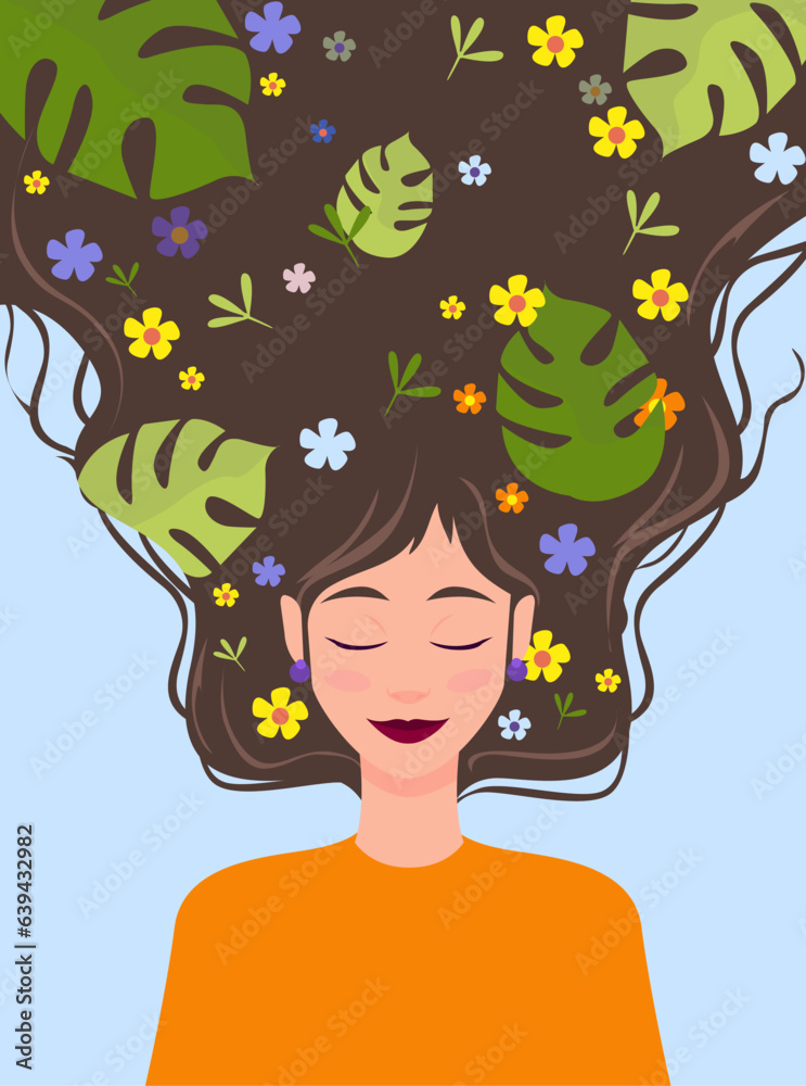 Happy woman with leaves and flowers in her hair on light blue background, vector illustration. State