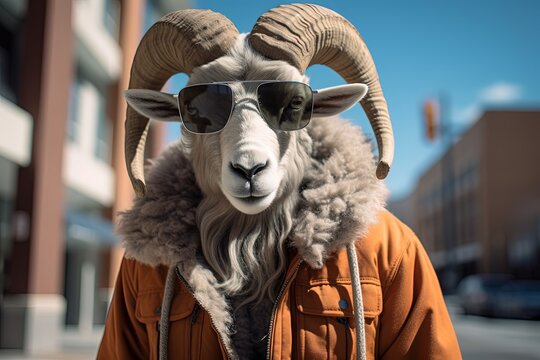 big horn goat wearing fashion outfit with cityscape background, Generative Ai