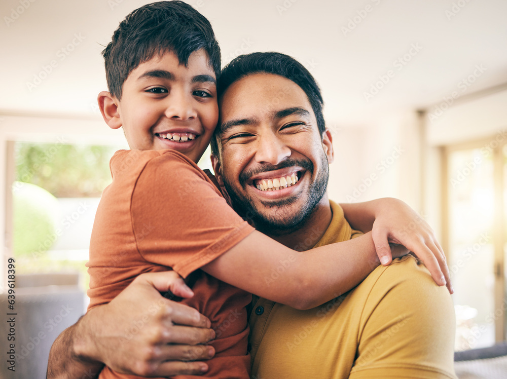 Happy, portrait and father hugging his child in the living room of a modern house for bonding. Smile
