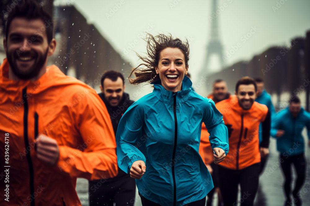 Group people in color sportswear, womens and mens running at Paris city in splashes rain.