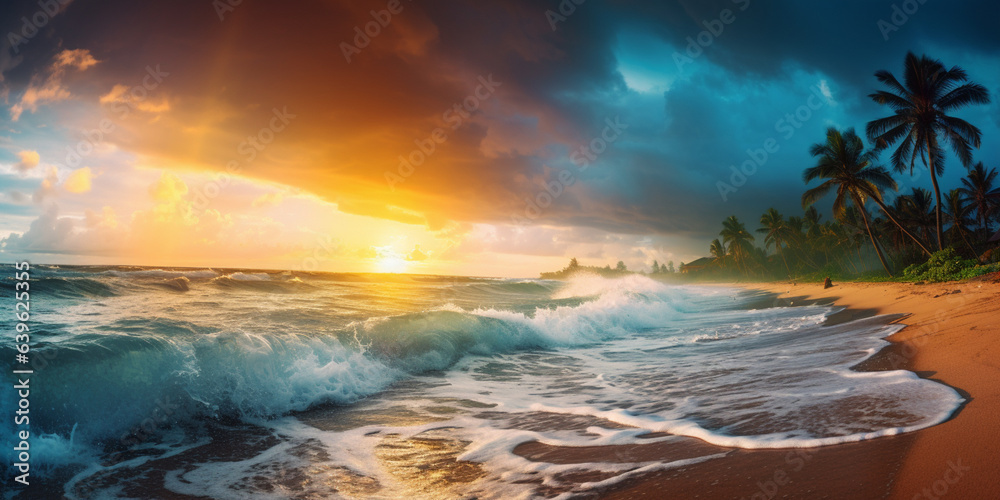 Tropical beach panorama view with foam waves before storm, seascape with Palm trees, sea or ocean wa