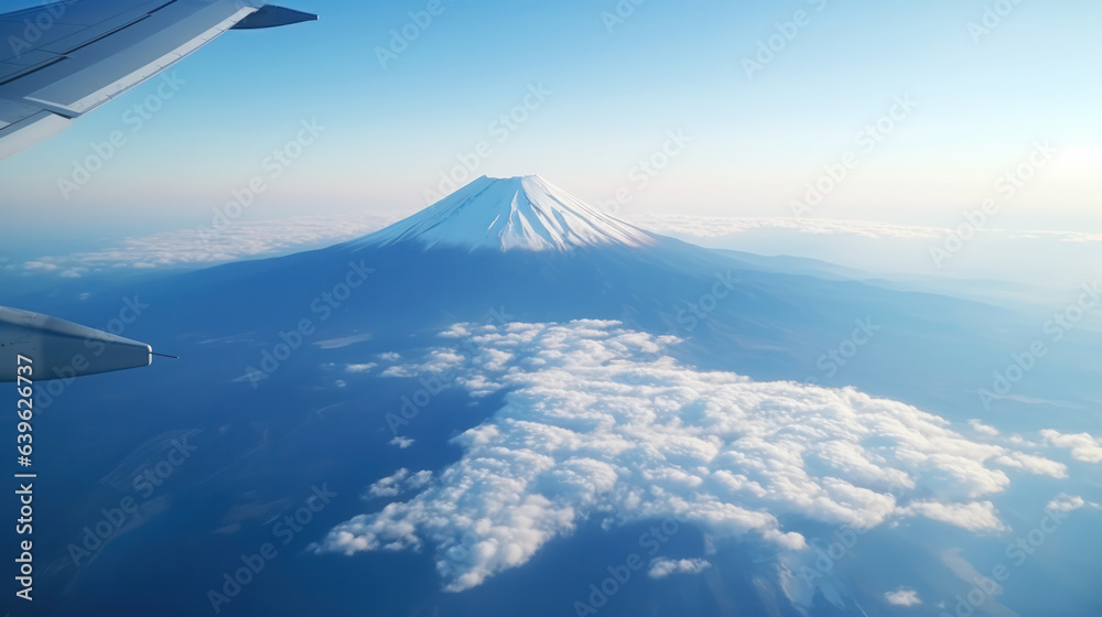 Fuji mountain view looking from airplane window, Snow covered in Autumn and Spring Season