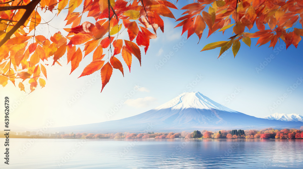 Fuji mountain in Japan Colorful Autumn Season with morning fog and red leaves is one of the best pla
