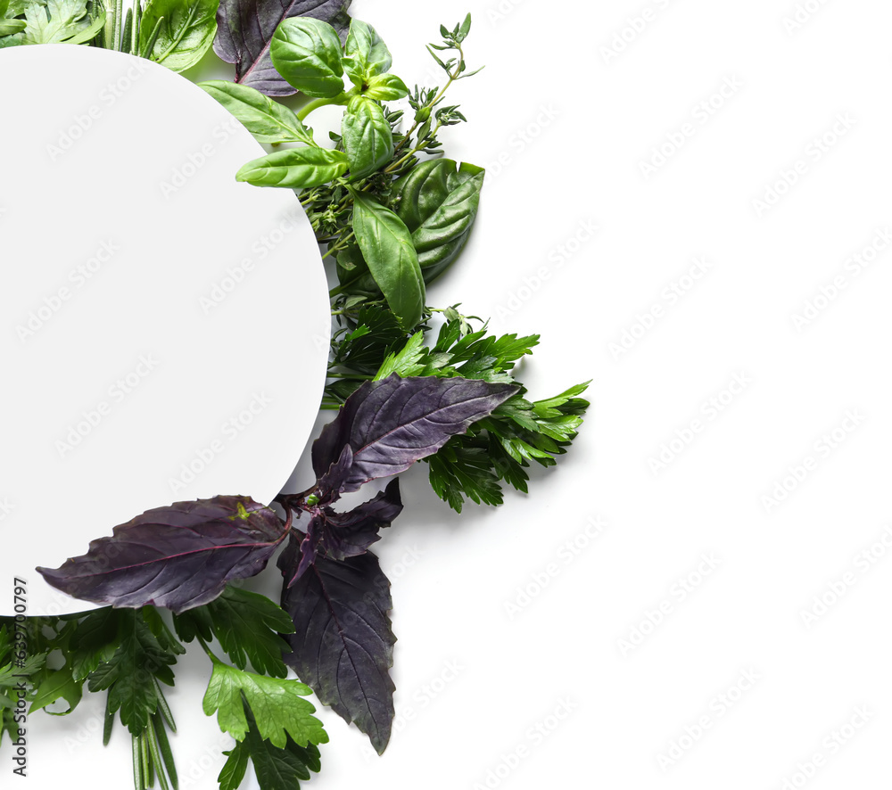 Composition with blank card and fresh herbs on white background