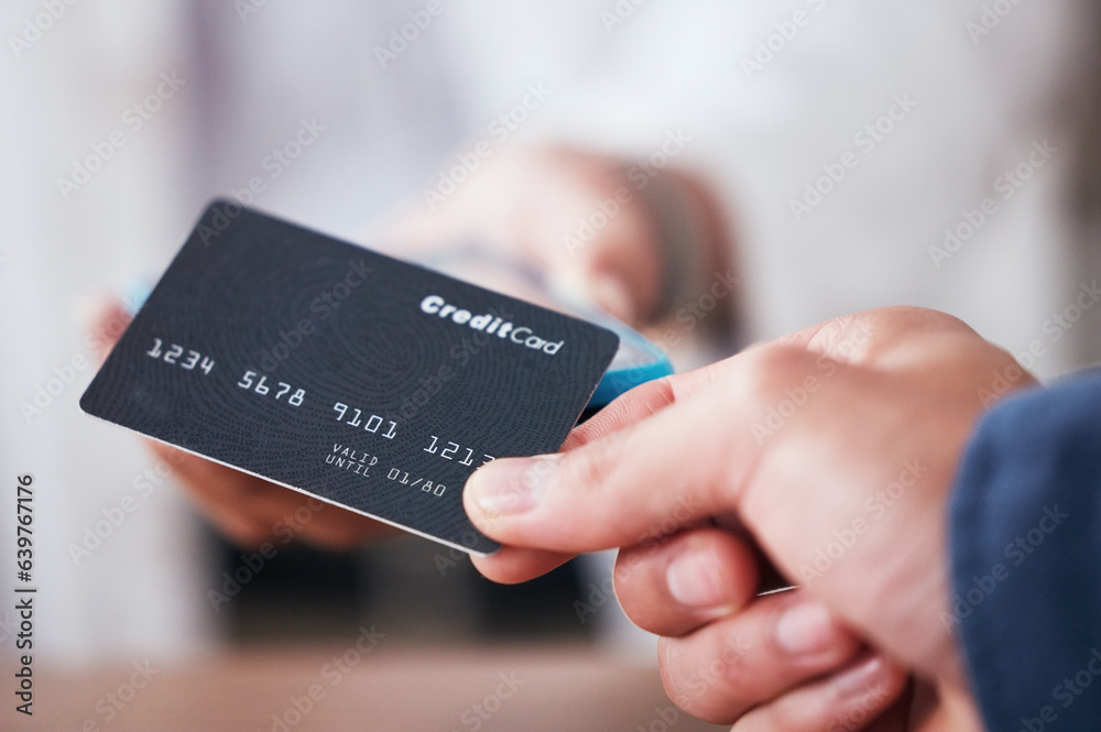 Credit card, hand and payment in a store with cashier, machine and customer in a pharmacy. Shop, com