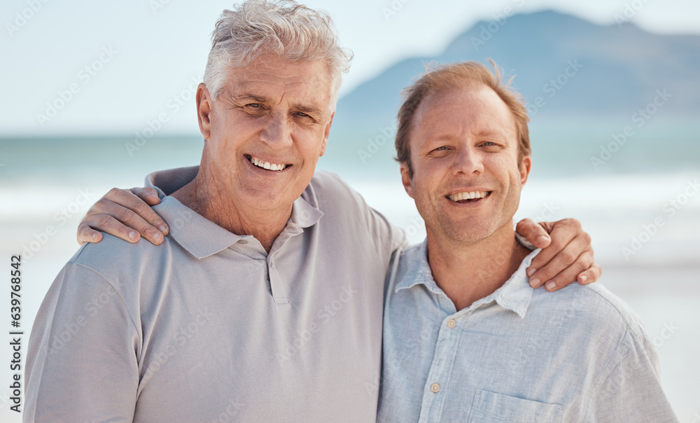 Beach, father or man hug in portrait together on a summer holiday vacation with smile or love. Famil