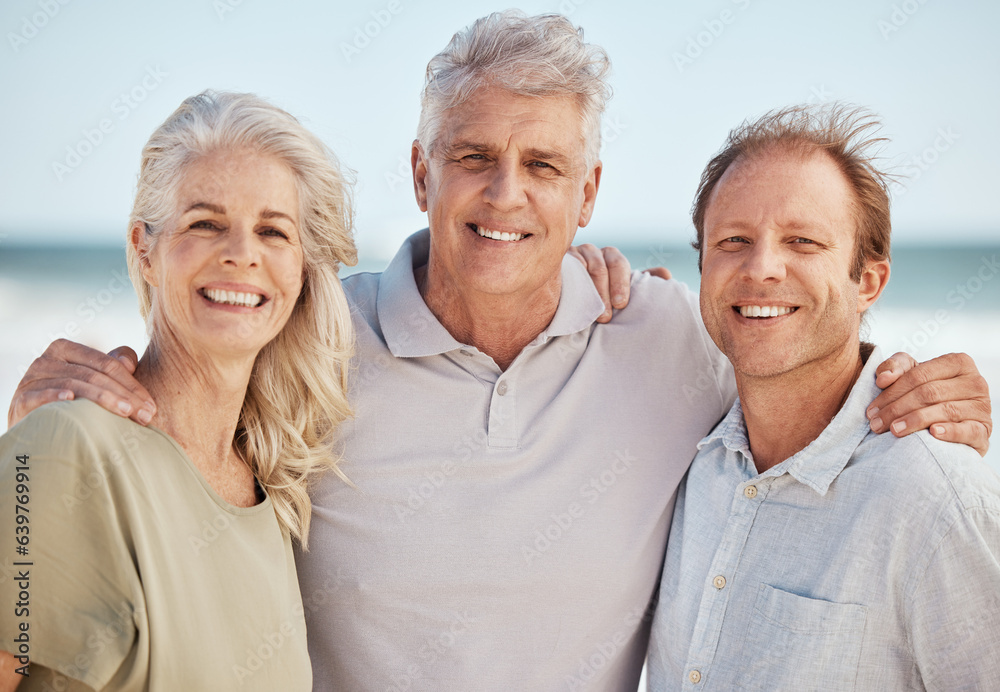 Beach, senior parents or happy man in portrait together on summer holiday vacation with smile or lov