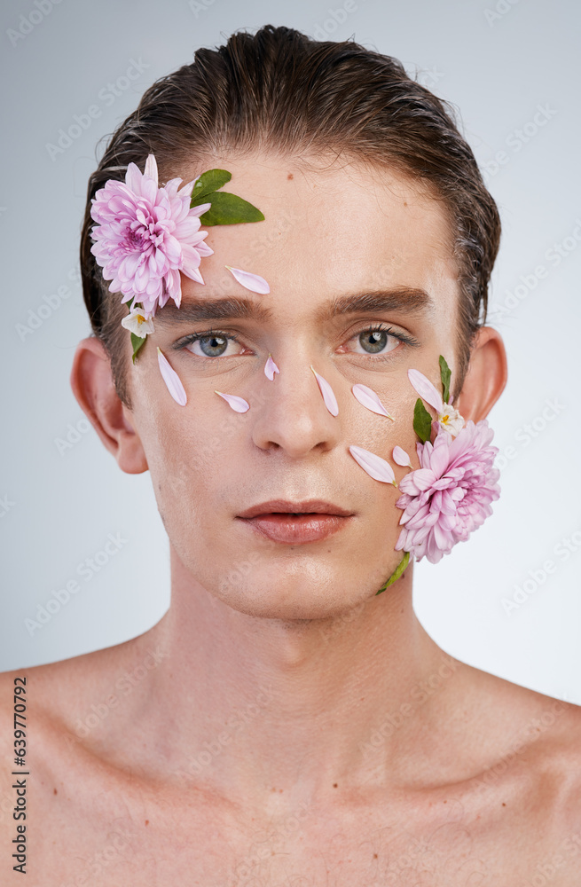 Beauty, skincare and flowers with portrait of man in studio for aesthetic, natural cosmetics or crea