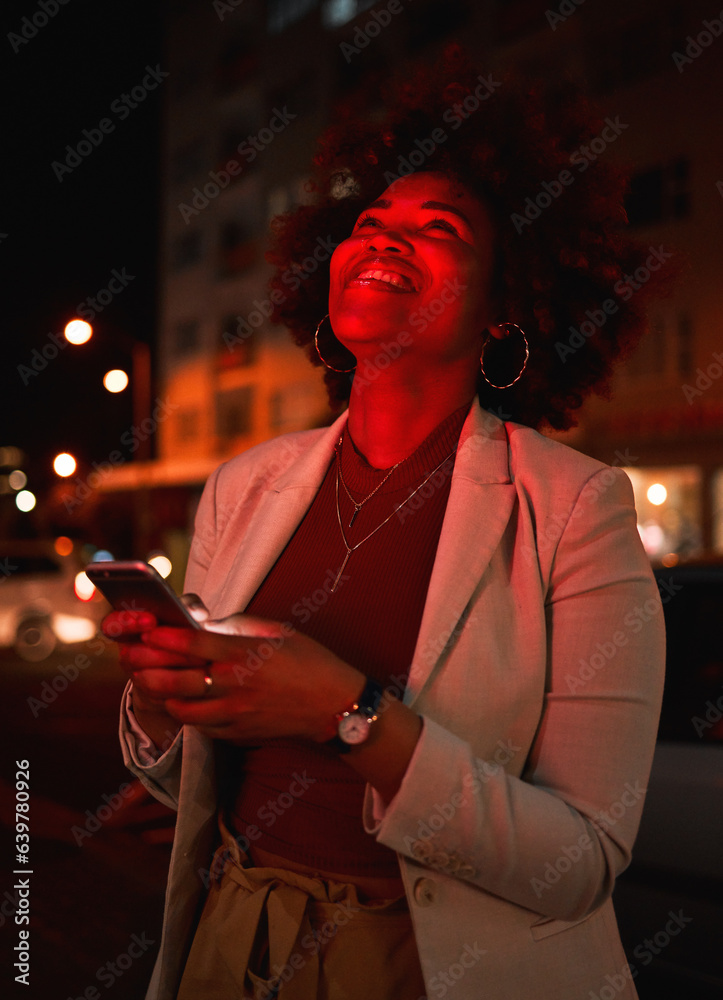 Thinking, woman and phone in city at night, typing and social media outdoor. Idea, smartphone and Af
