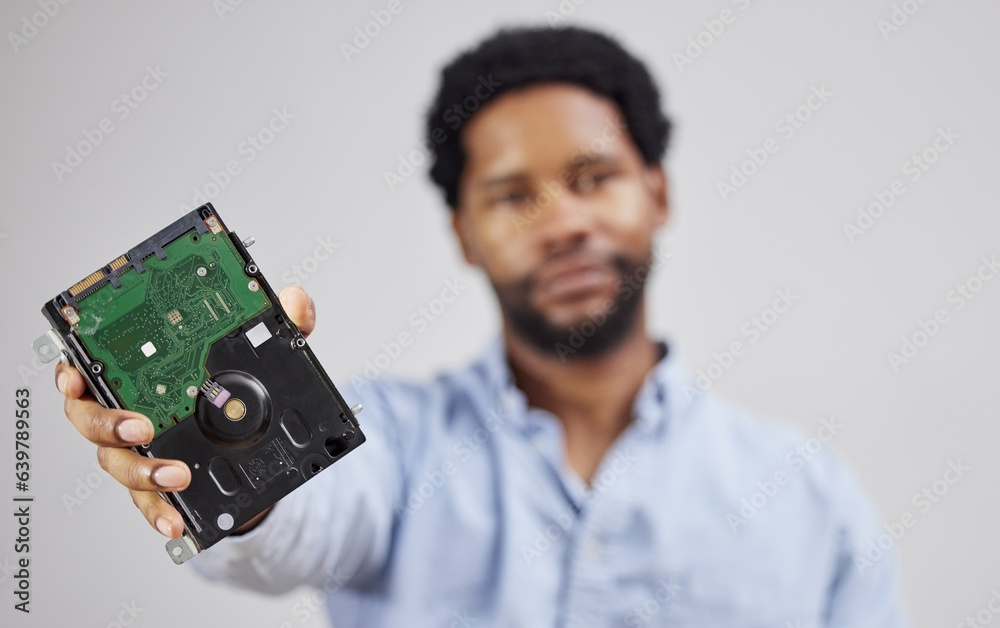 Motherboard in hand, black man and computer hardware, and technician with maintenance and electronic
