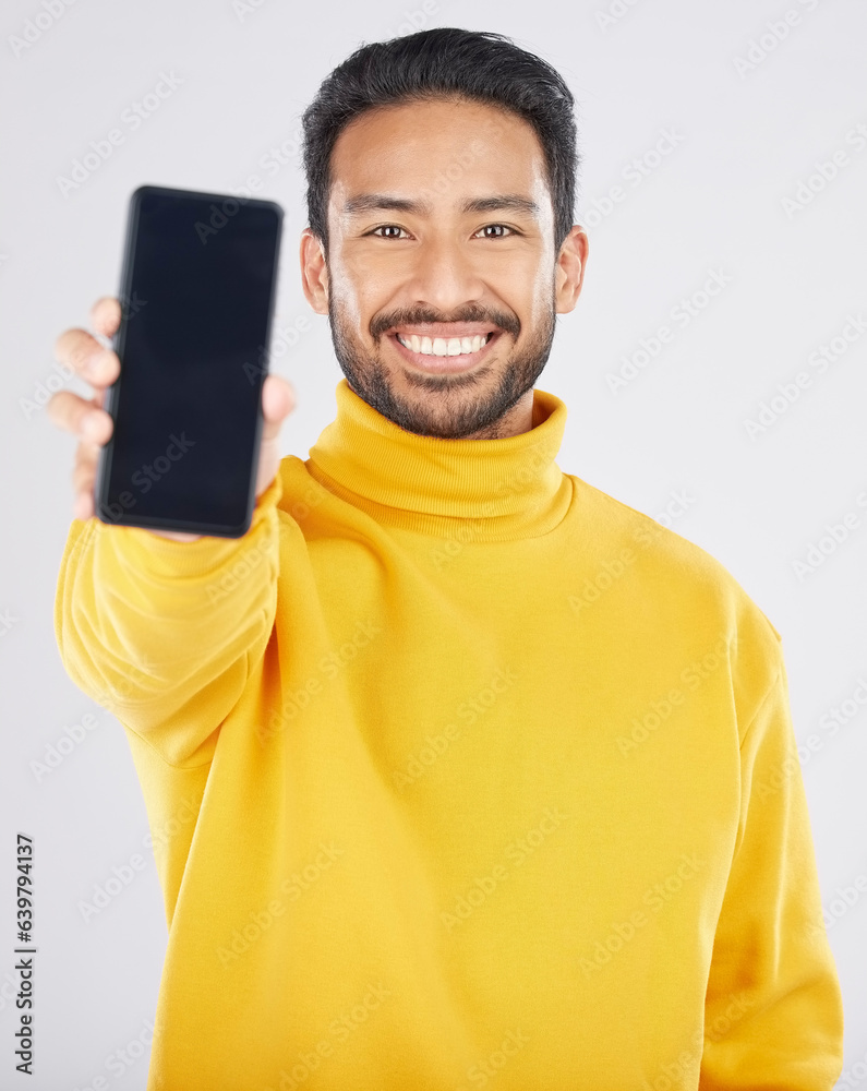 Phone screen, mockup and man, smile in portrait with advertising and technology isolated on white ba