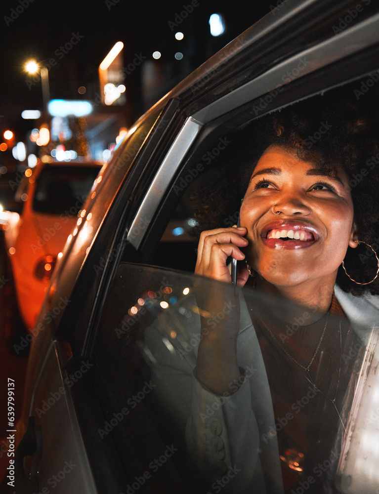 Black woman, phone call and travel at night in city taxi for communication, conversation or networki