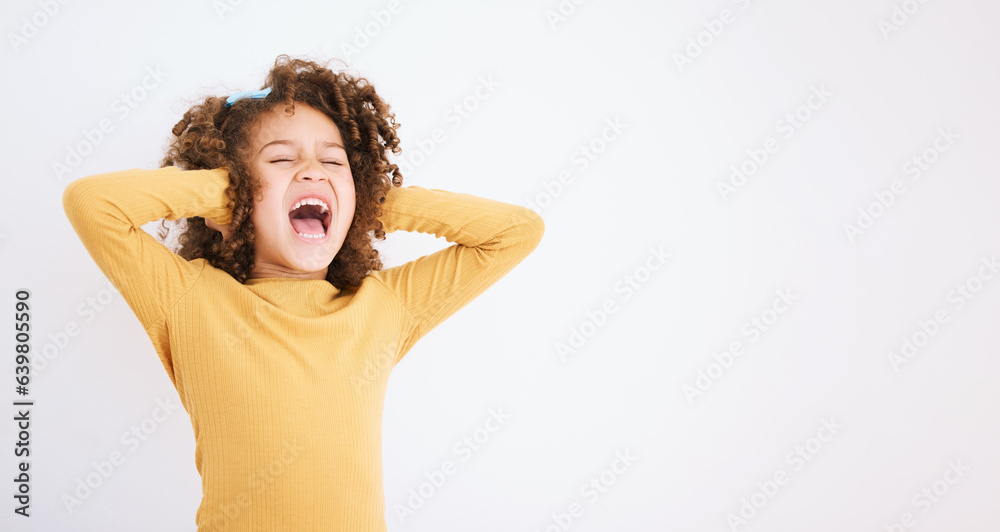 Shouting, loud and mockup with a girl child in studio on a white background covering her ears. Child
