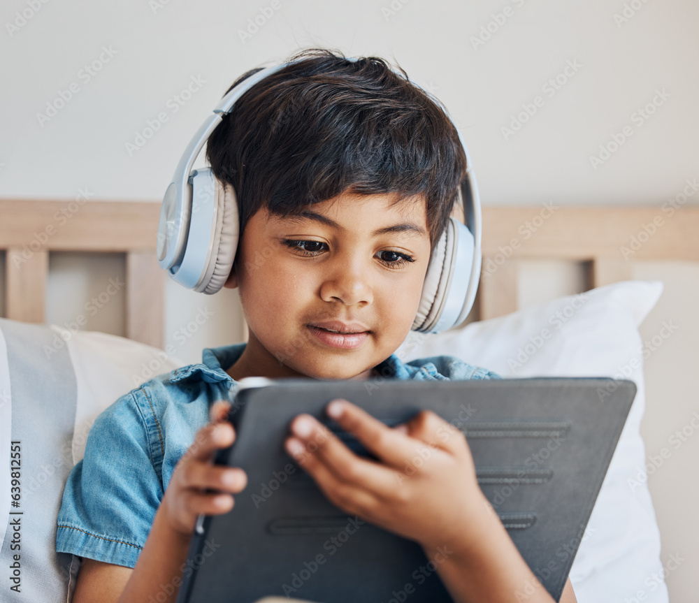 Face of boy, headphones and tablet in home for reading ebook, watch cartoon and play video games on 